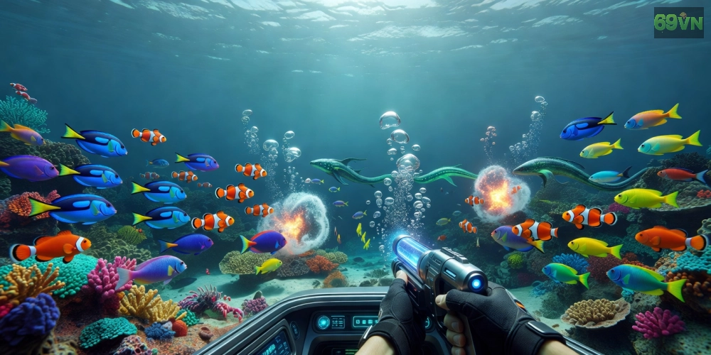Hình minh họa giao diện game bắn cá online 69vn với cá đa dạng và vũ khí hiện đại